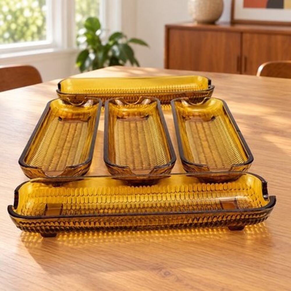 Vintage Amber Glass Corn on the Cob Dishes Set of 5 Pressed Glass MCM